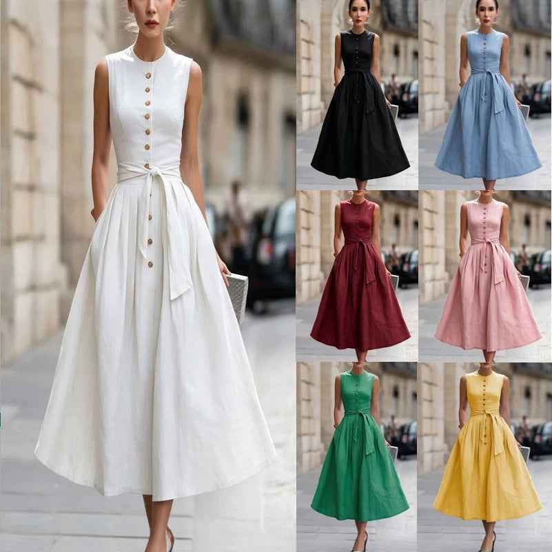 Sleeveless Off-Shoulder Pleated Flared Hem Linen Maxi Dress