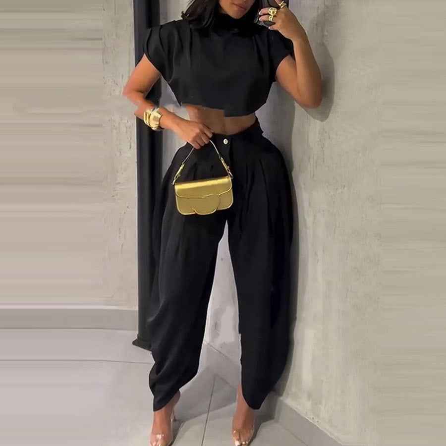 Three-Quarter Sleeve Top & High-Waist Trousers Set — 2 Colours