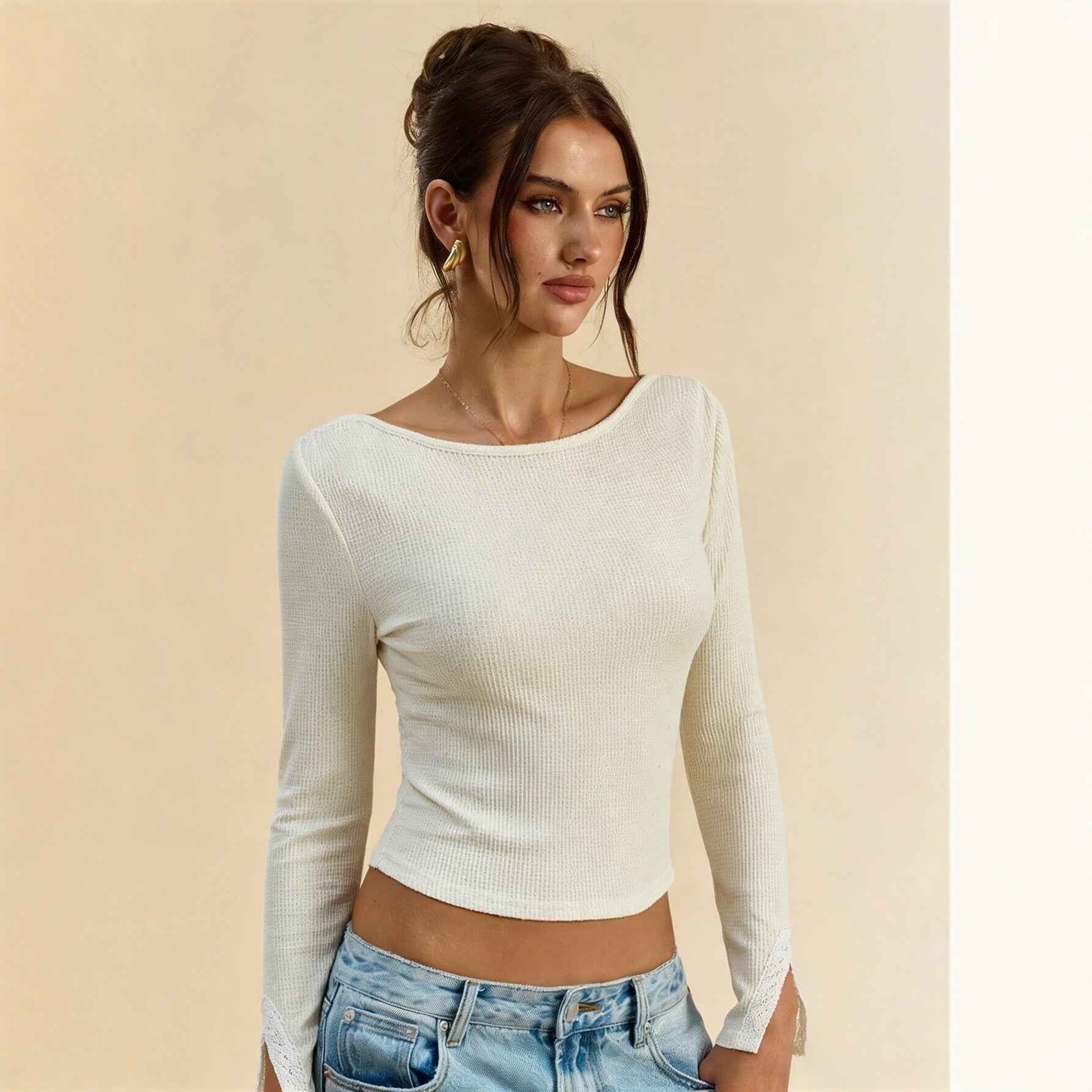 Womens Long-sleeve Top With A Large Round Neckline