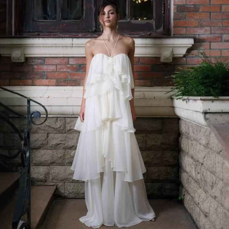 Halterneck Ruffled-Hem Maxi Dress — Sleeveless, Slim Fit Evening Gown