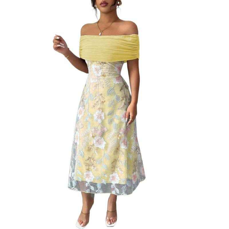 Floral Mesh-Panel High-Waist Pleated Maxi Dress