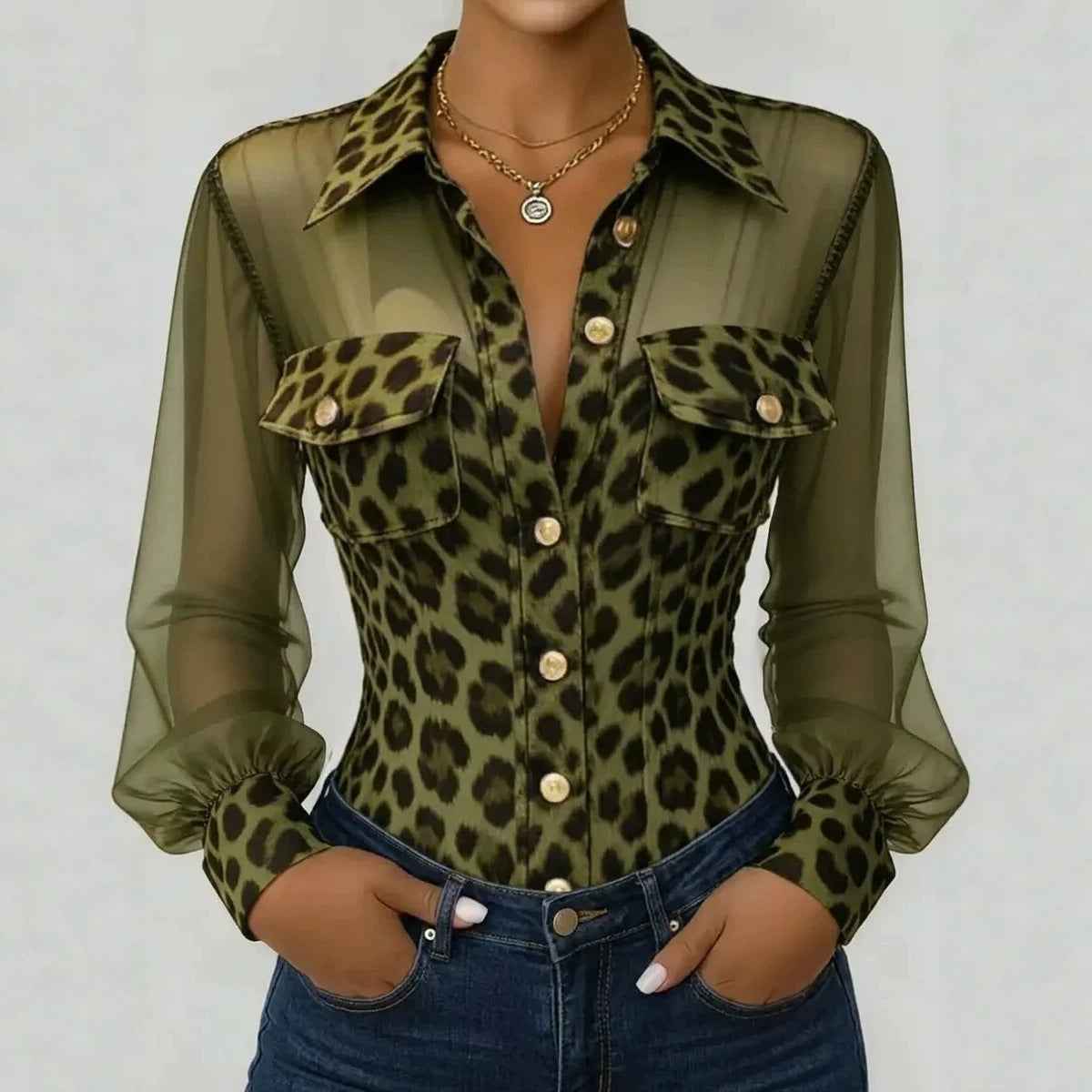 Women's Leopard Print Mesh Patchwork Cardigan with Pockets — 3 Colours