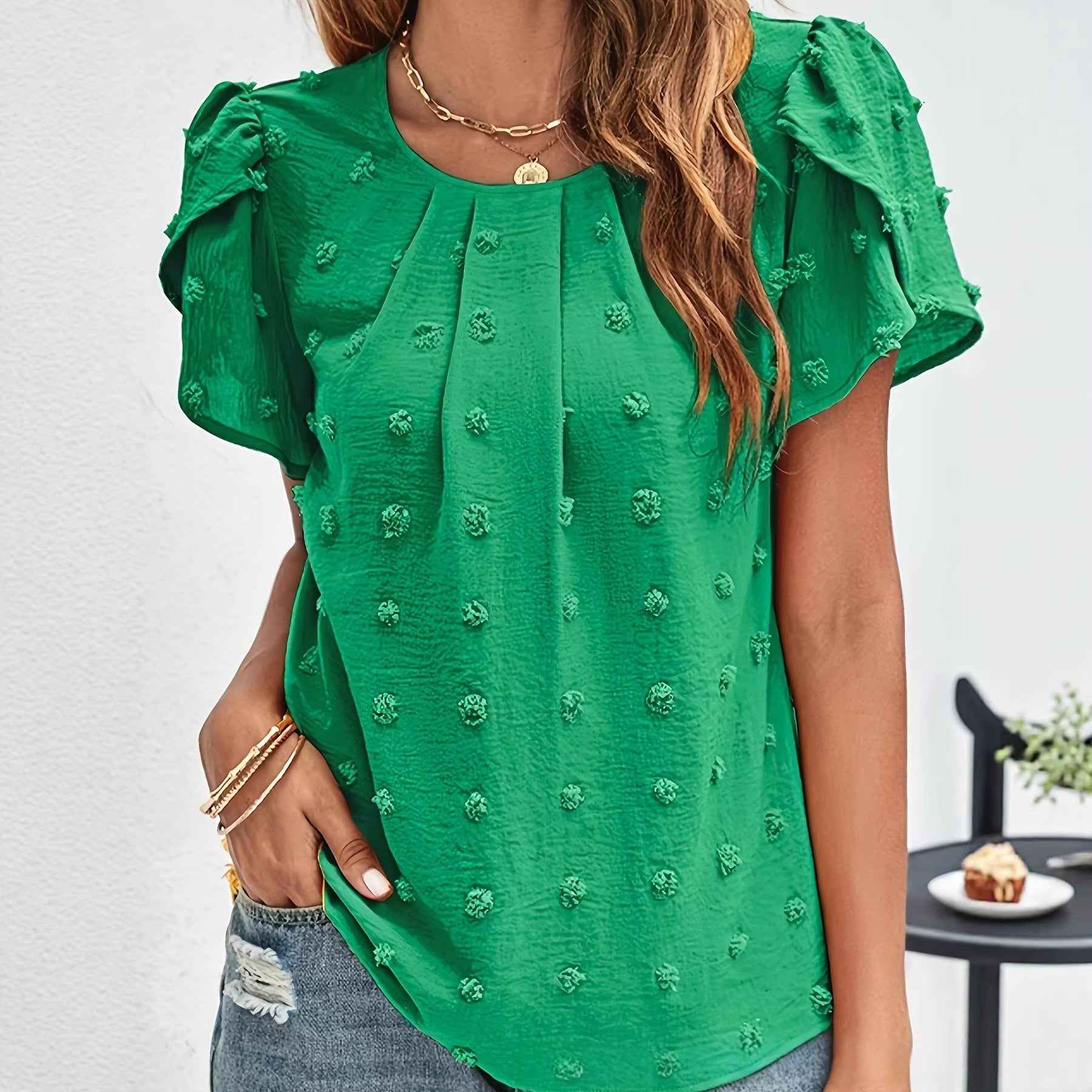 Ruffled Chiffon Top – V-Neck, Puff Sleeves & Pom-Pom Detail