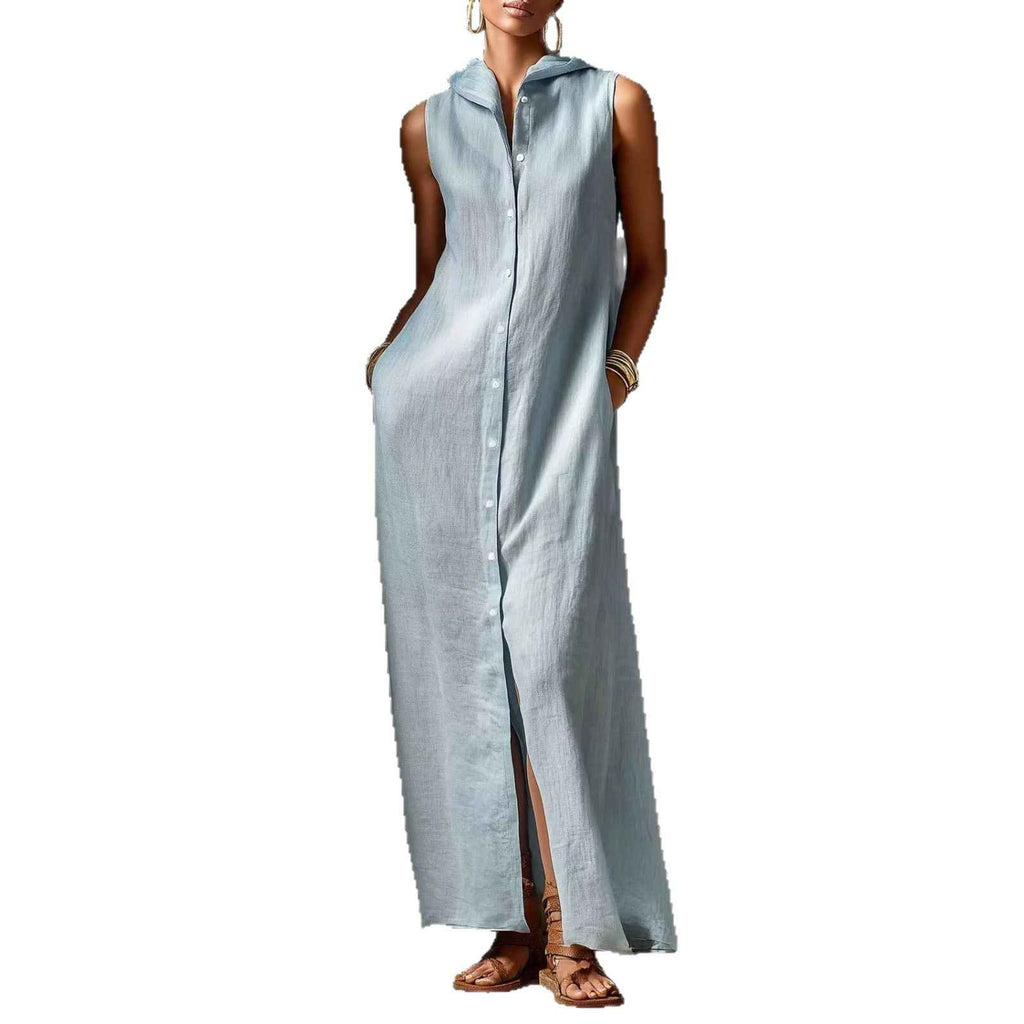 Womens Minimalist Linen-blend Hooded Sleeveless Single-breasted Maxi Dress