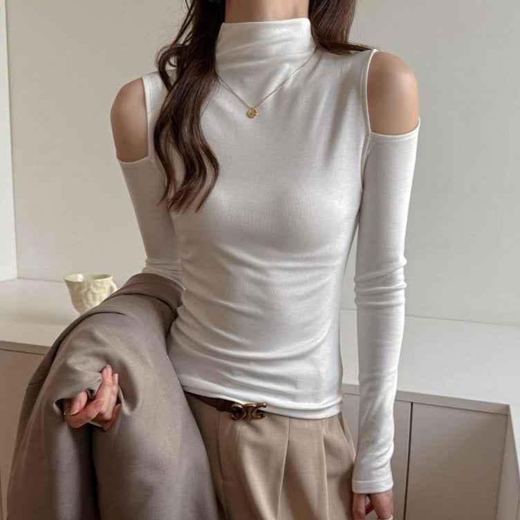 Mock Neck Off-Shoulder Slim-Fit Long-Sleeve Top — 4 Colours