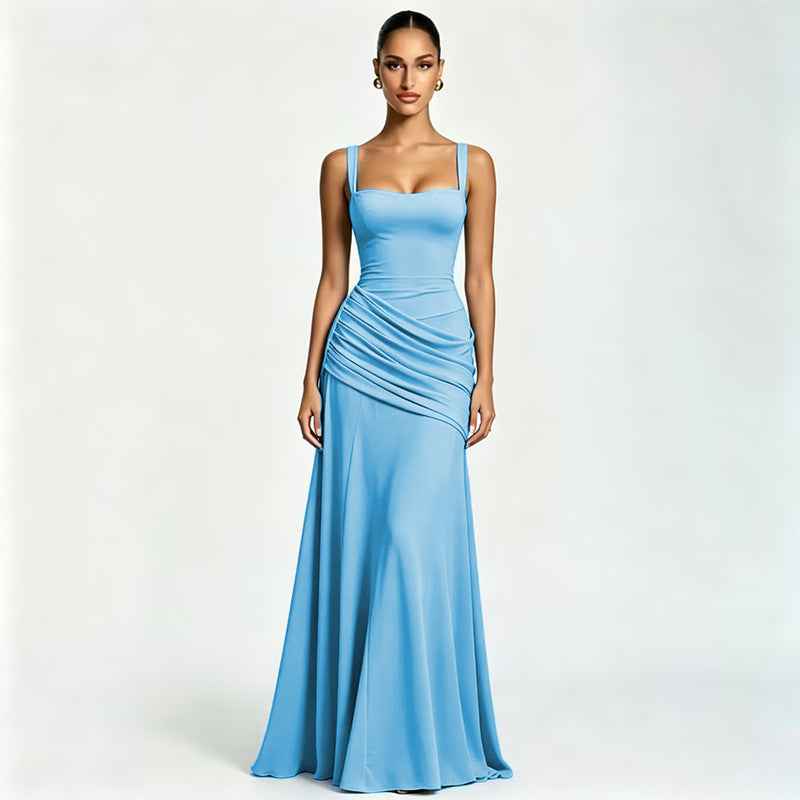 Square Neck Ruched Waist Sleeveless Maxi Evening Dress