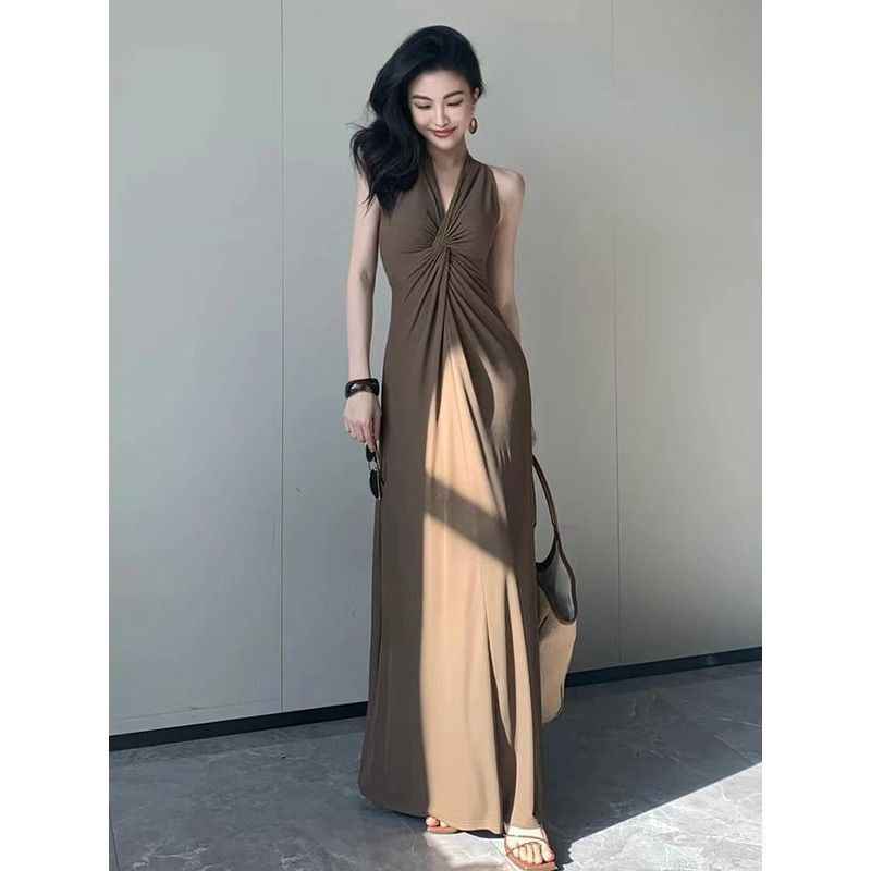 Women's Brown Sleeveless A-Line Maxi Dress — High Waist & Patchwork Detail