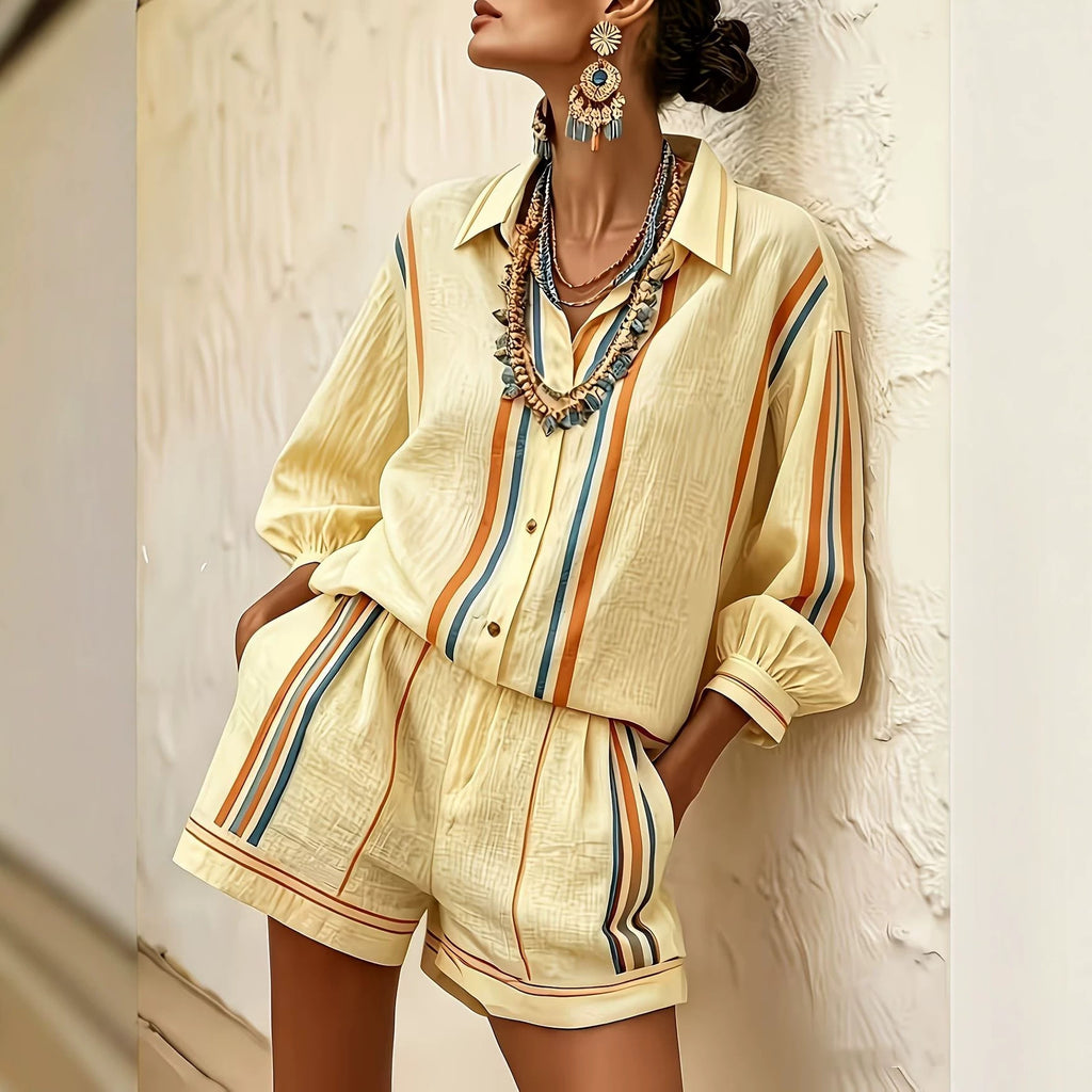 Colour-Block Short-Sleeve Shirt & Shorts Two-Piece Set
