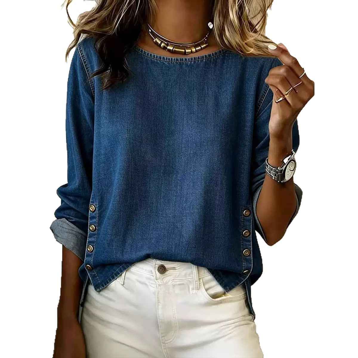 Women's Denim Shirt – Three-Quarter Sleeve Street Style Top