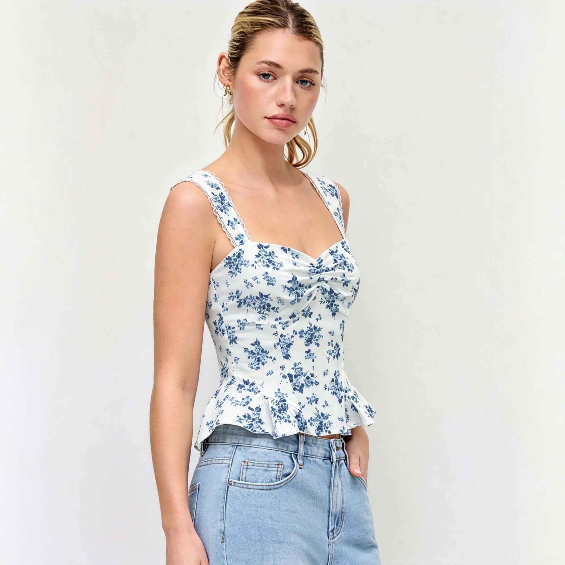 Summer New White-base Top With Blue Floral Print Strapless Style