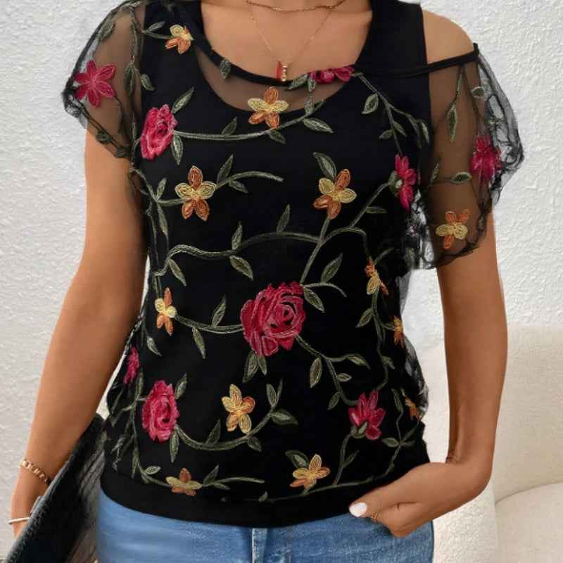 Jacquard Knit Faux Two-Piece Top – Mesh Detail