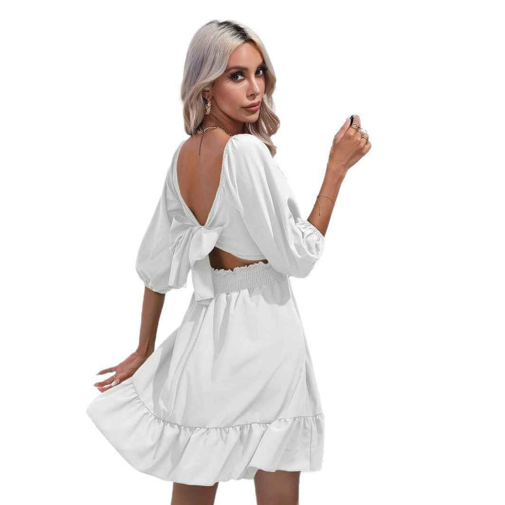 Ruffle Square-Neck Lace-Up Puff Sleeve Maxi Dress — Black & White