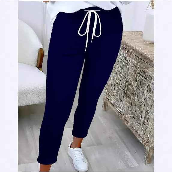 Women's High-Waisted Slim Cropped Trousers with Lace-Up Detail