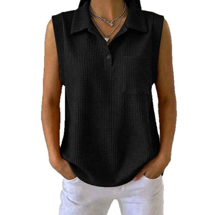 Womens Solid-color Knitted Polo-neck Sleeveless Shirt Vest