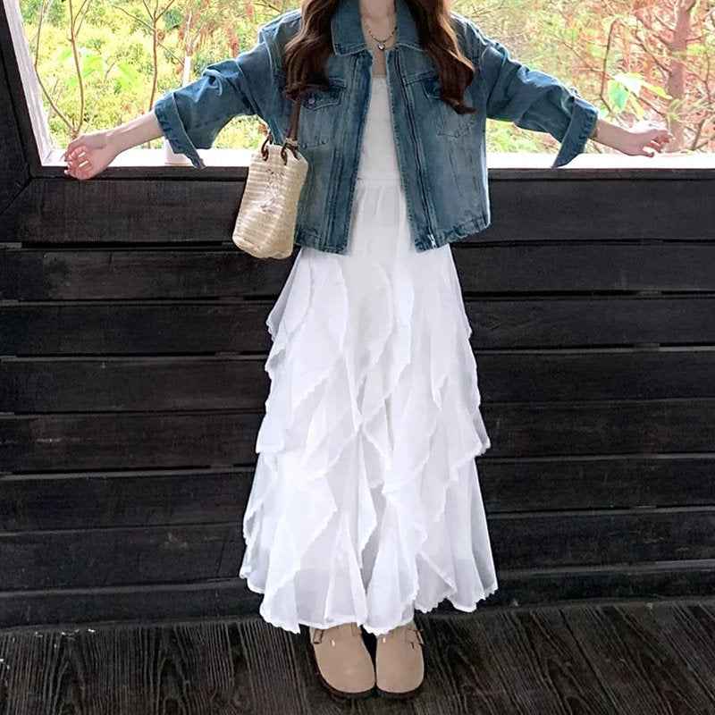 Women's Irregular A-Line Chiffon Midi Skirt — Apricot & White