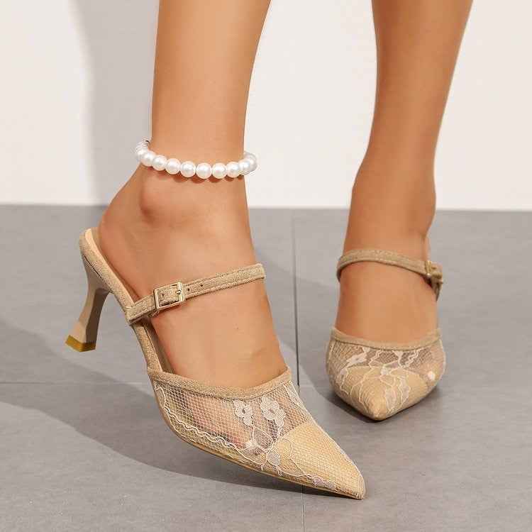Mesh Pointed Toe Closed Mules — Apricot & Black, EU 35–42