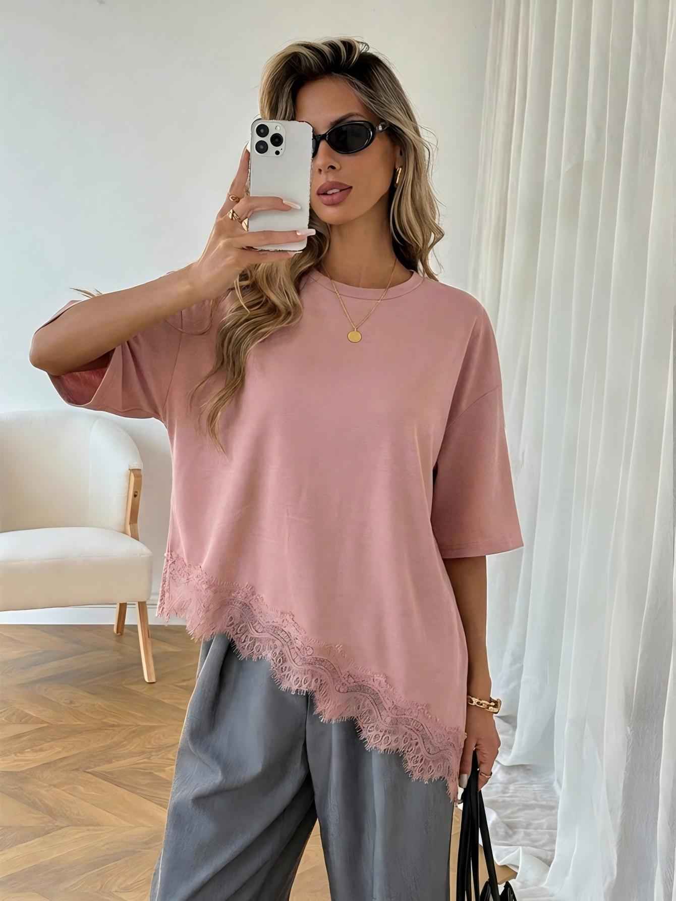 Lace-Trim Top — Slanted Hem, 3/4 Sleeve Minimalist Style