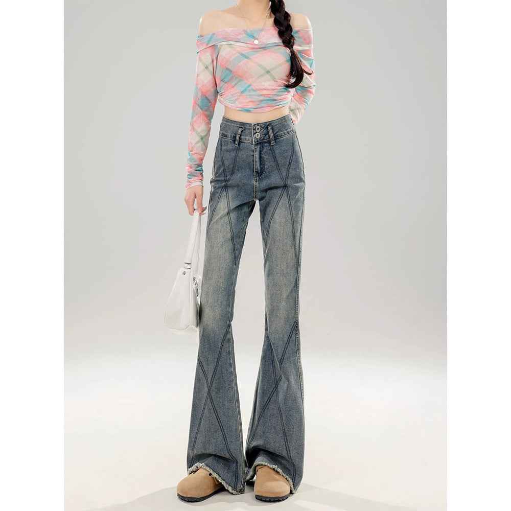 High Waist Bootcut Jeans – Washed Vintage Denim for Women