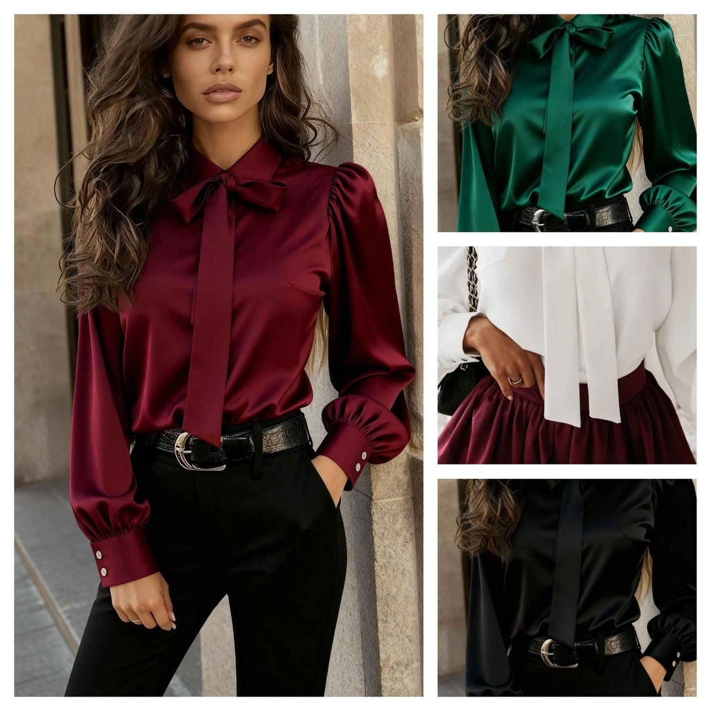 Womens Solid-Color Long-Sleeve Satin Blouse With Bow