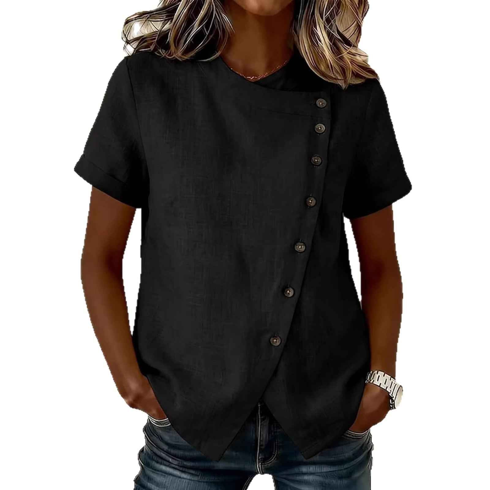 Cross-Neckline Asymmetrical Short-Sleeve Top – Loose Casual Fit