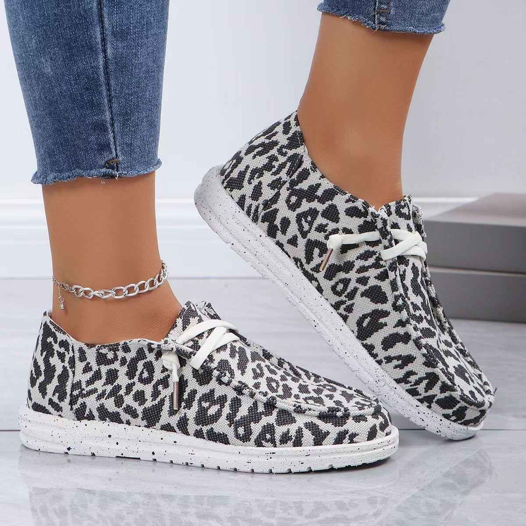 Leopard Print Flyknit Lace-Up Flat Shoes