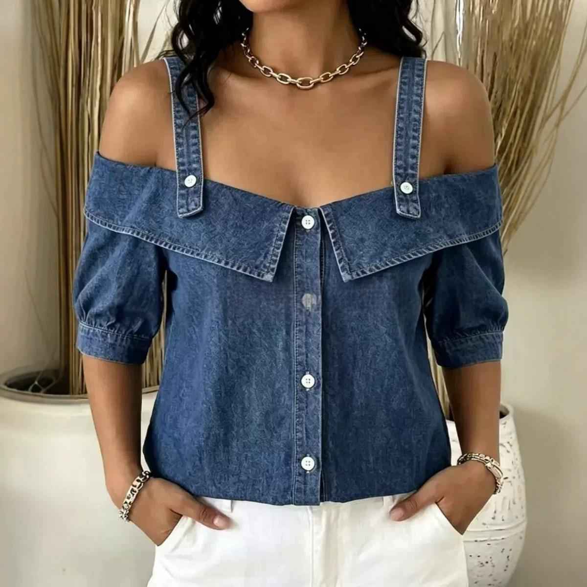 Womens Lapel Denim Washed Top With Suspenders