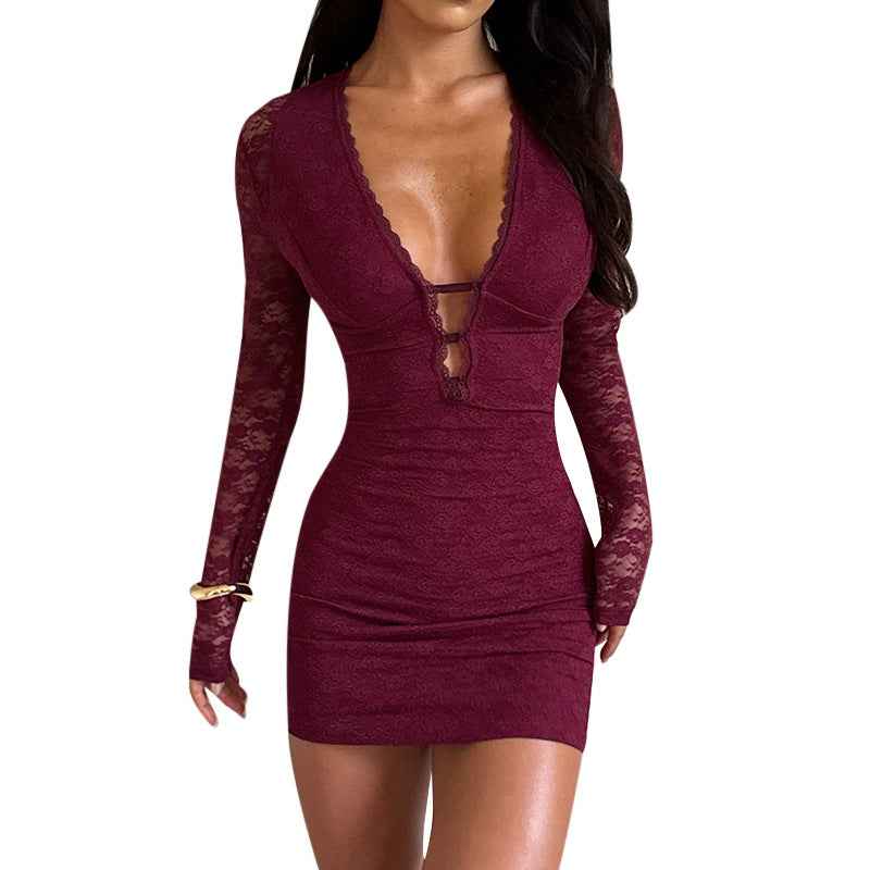 Off-Shoulder Deep V-Neck Lace Long-Sleeve High-Waist Bodycon Dress