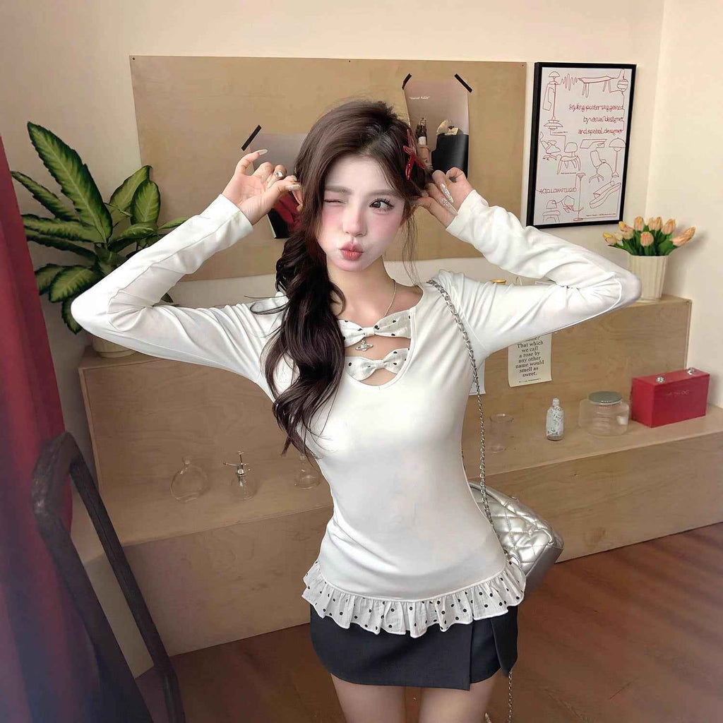 Cotton Lace-Spliced Long-Sleeve Top — Sweet Korean Style