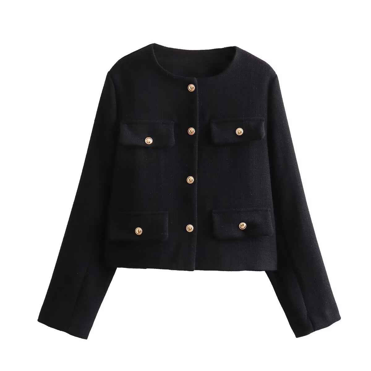 Cropped Crew-Neck Jacket with Pockets