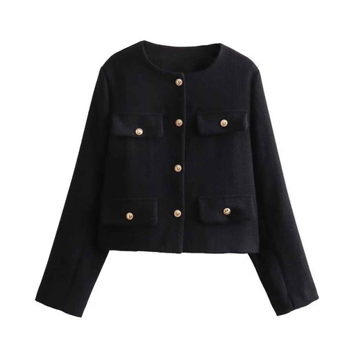 Cropped Crew-Neck Jacket with Pockets