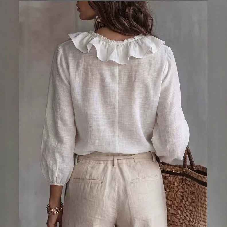 Women's Ruffle-Trim V-Neck Lace-Up Blouse with Flared Sleeves — 3 Colours