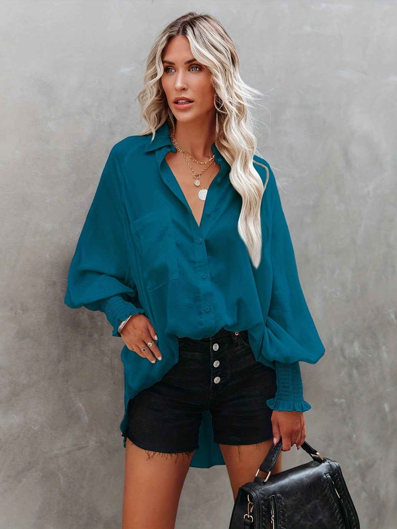 Printed Long-Sleeve Loose Blouse – Lapel Collar Mori Style