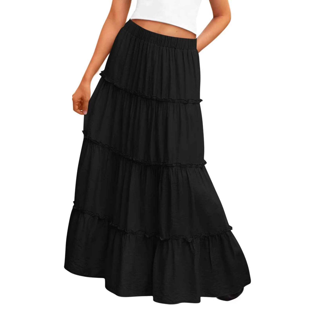 Pleated A-Line Midi Skirt – Lace & Ruffle Detail, Lined