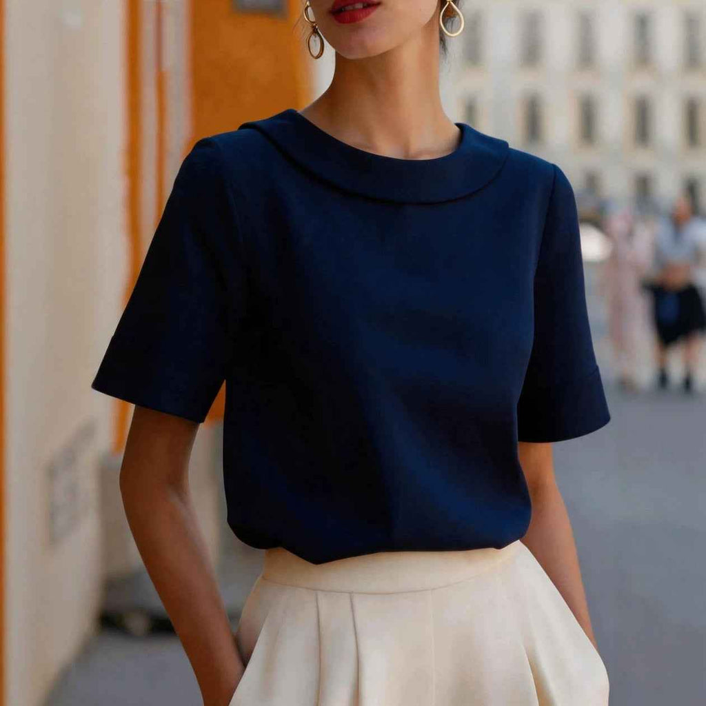 Womens Solid-color Crew-neck Versatile Short-sleeve Top