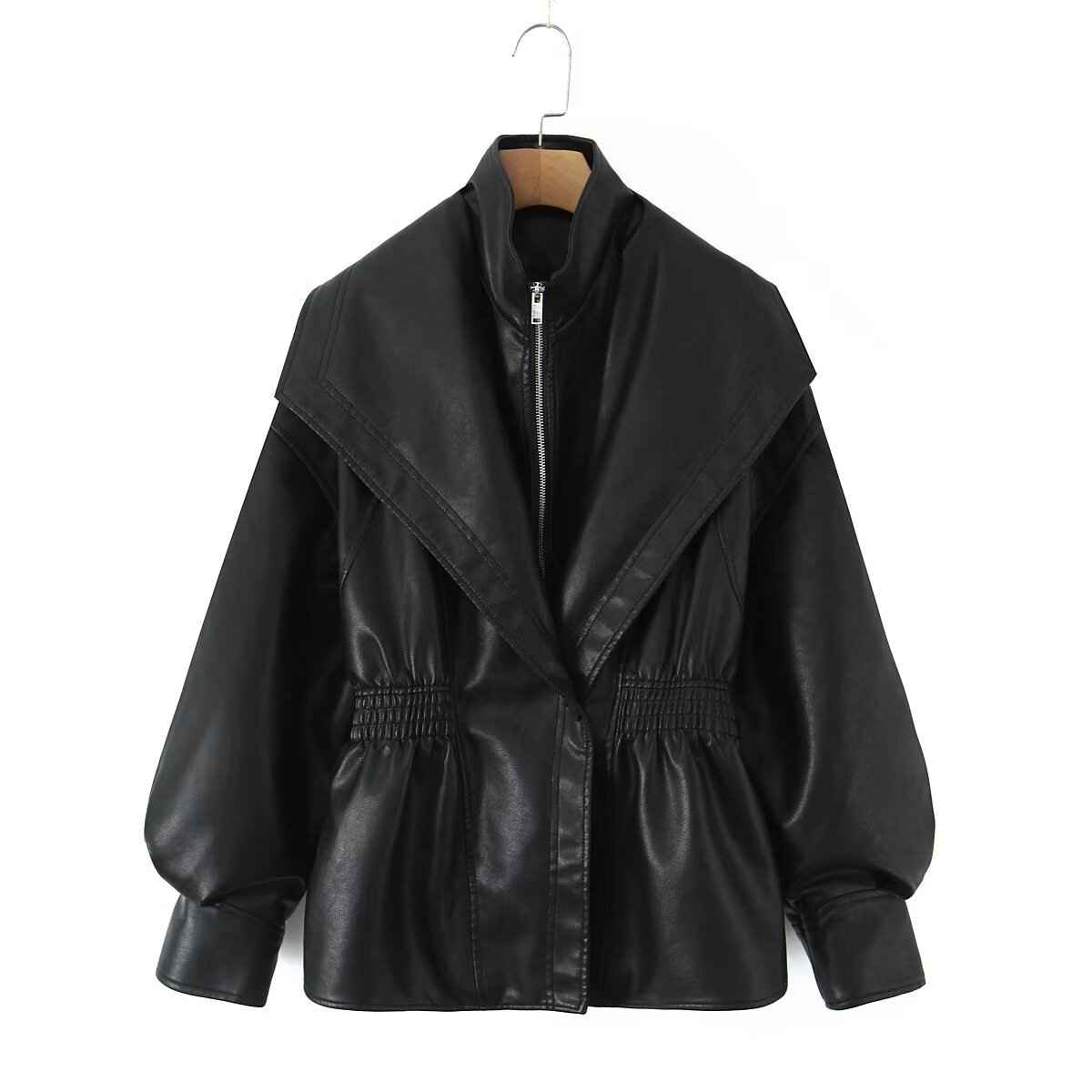 Faux Leather Biker Jacket with Turn-Down Collar