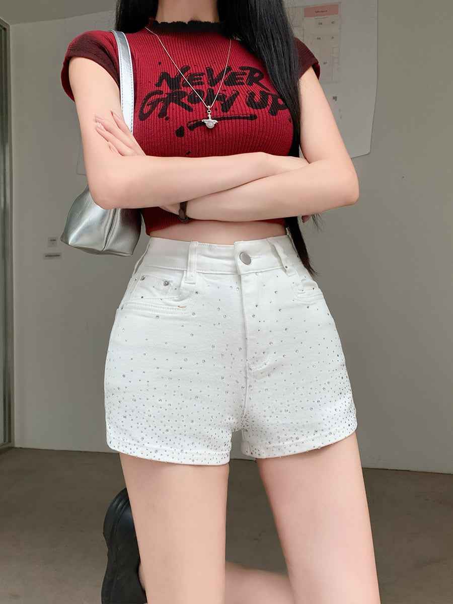 High-Waisted Rhinestone Denim Shorts – Vintage Wash Stretch Denim