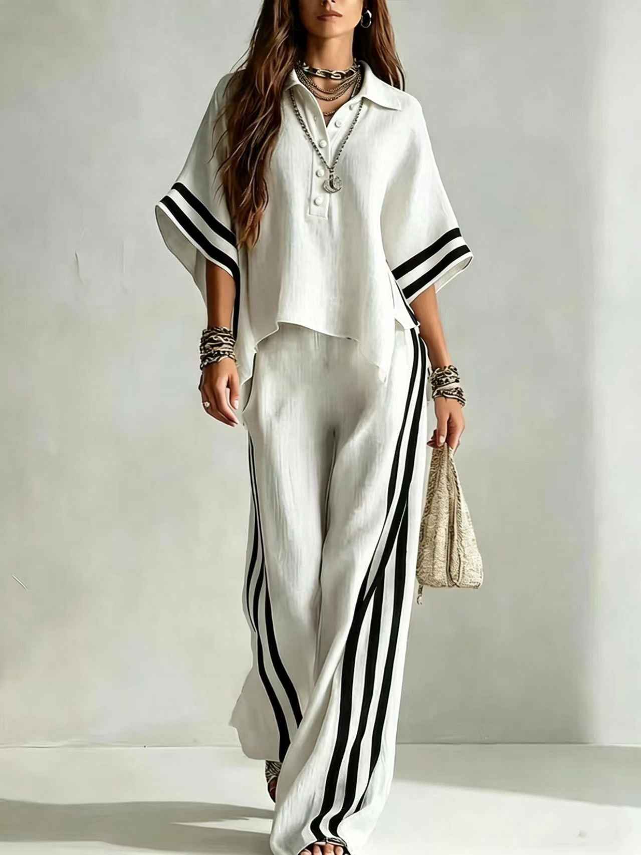 3/4-Sleeve Shirt & Wide-Leg Trousers Set — Plus Size, Commuter Style