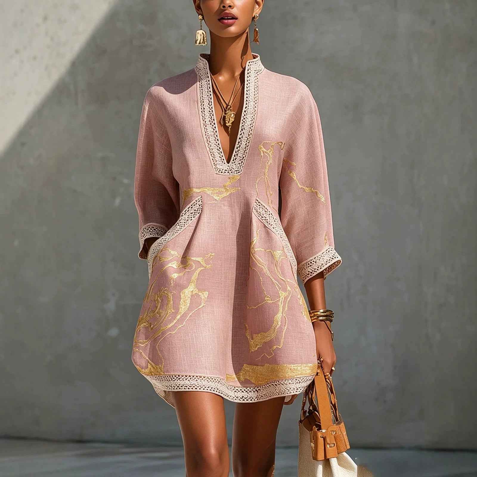 Printed V-neck Lace-trimmed Three-quarter-sleeve Mini Dress