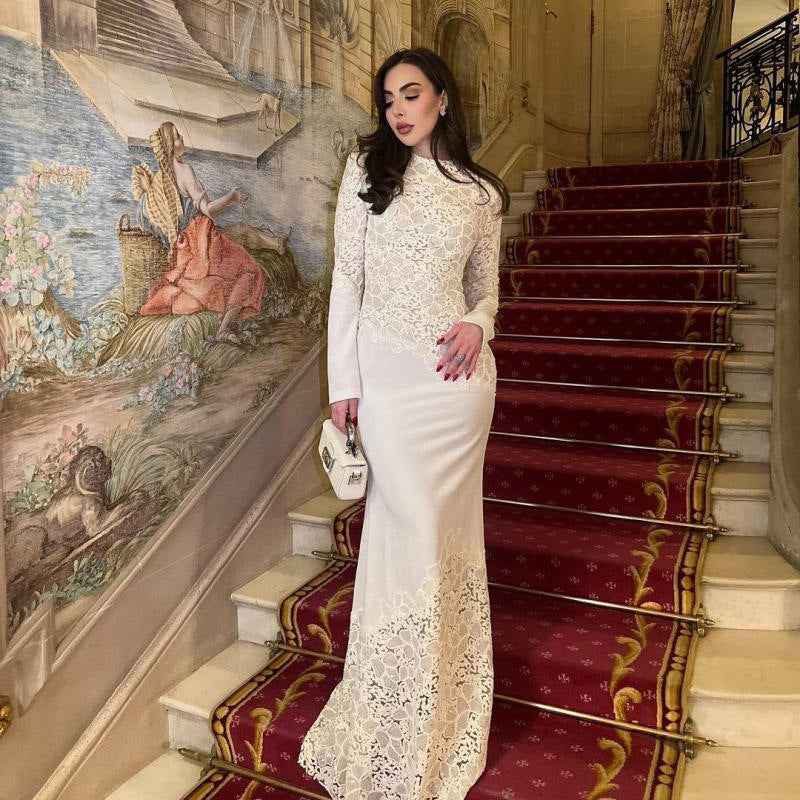 High-Waist Long-Sleeve Lace Embroidered Patchwork Bodycon Formal Maxi Gown
