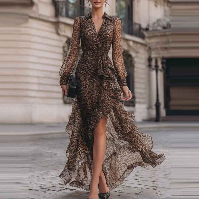 Women's Printed V-Neck Asymmetric Dress with Ruffled Hem