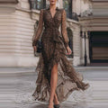 Women's Printed V-Neck Asymmetric Dress with Ruffled Hem