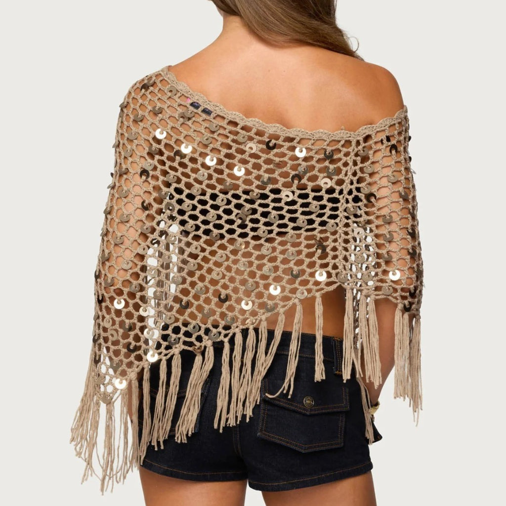 Handmade Sequin-Embroidered Triangle Shawl with Tassels