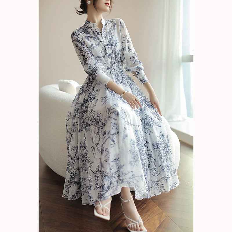 Women's One-Shoulder Ink-Wash Print Midi Dress