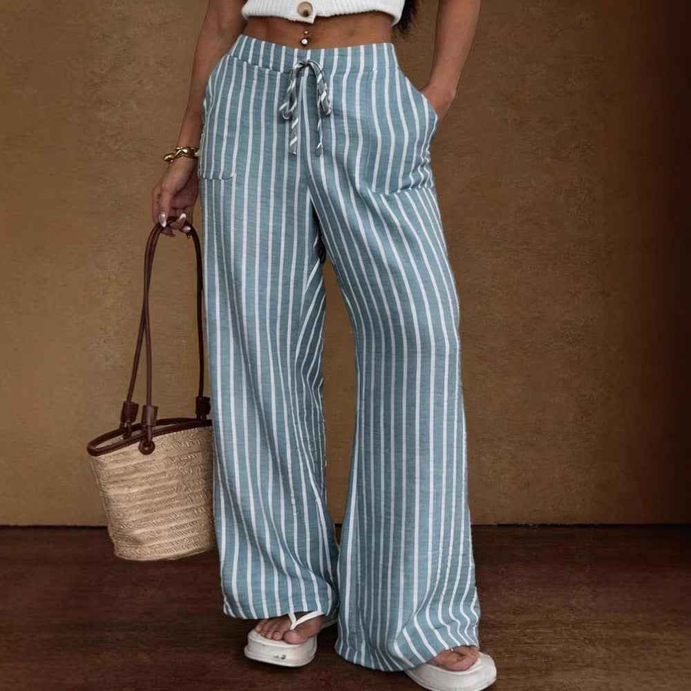 Striped Loose Wide-Leg Trousers with Elastic Waist