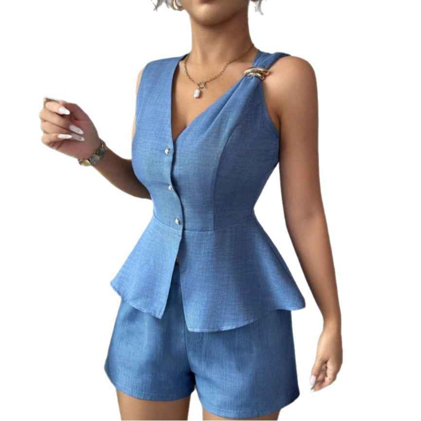 Waist-Cinched Sleeveless Blazer Vest & Shorts Set – Women’s Summer Two-Piece