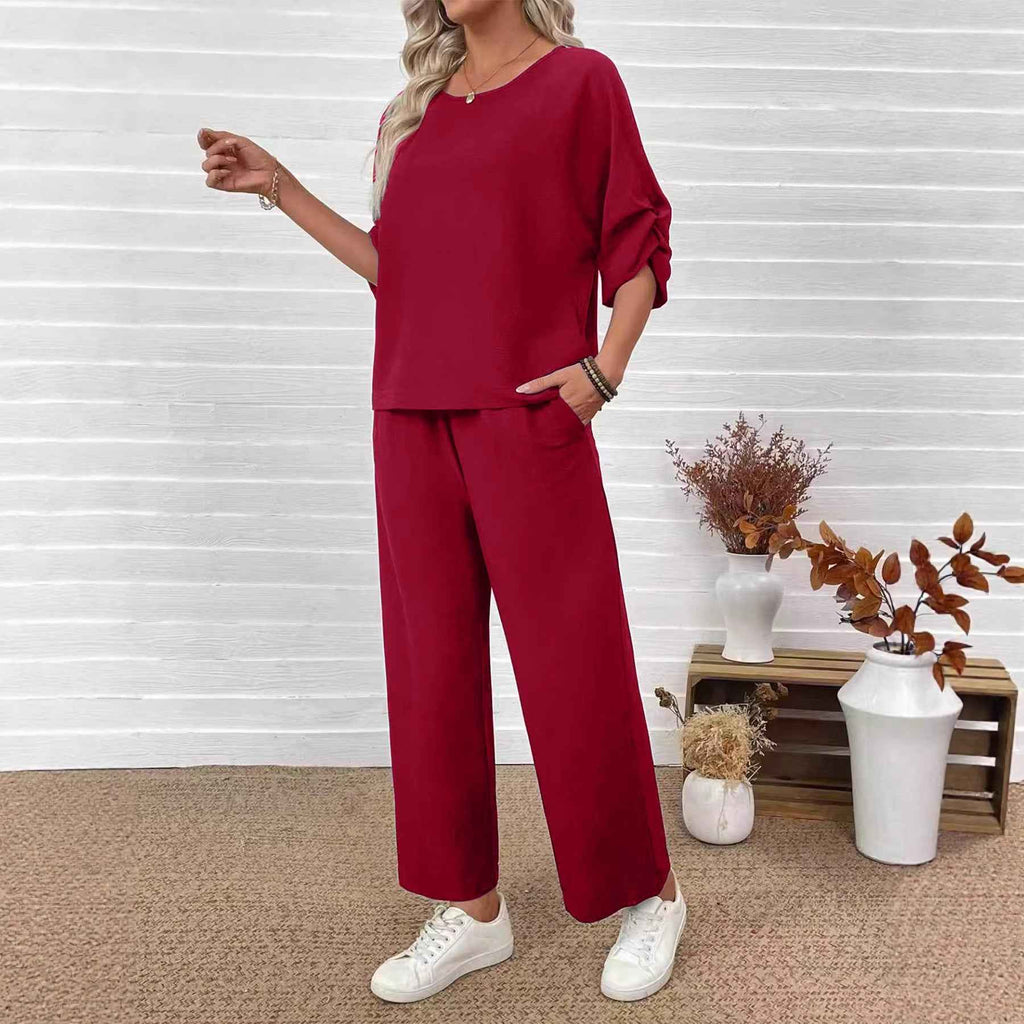 Women's Solid Crew-Neck Top & Wide-Leg Pants Co-Ord Set — 3 Colours