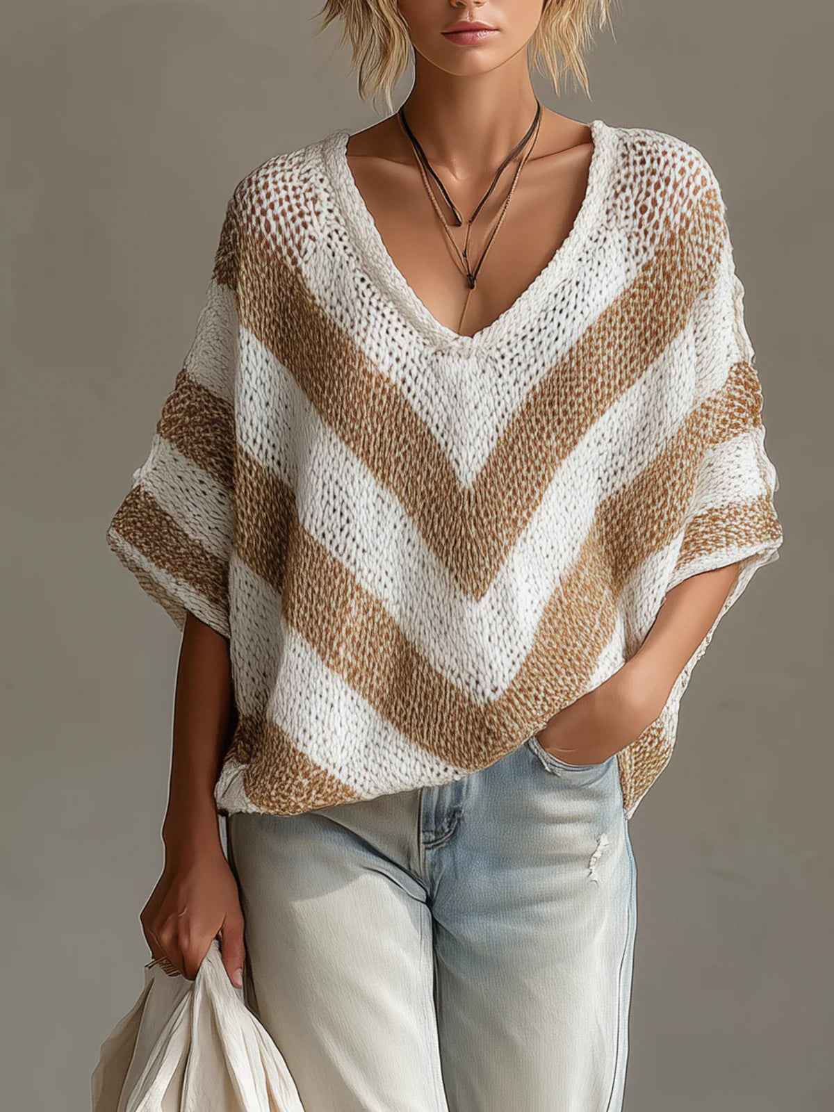 Drop Shoulder Knit Sweater – Loose Fit Three-Quarter Sleeve