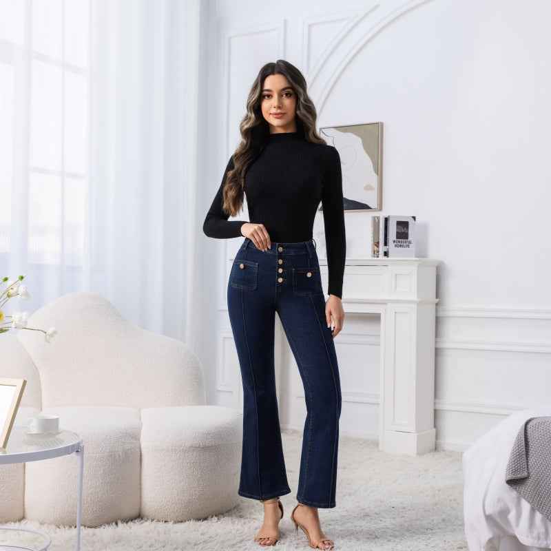High-Waisted Gold Button Flare Jeans – Dark Wash Bootcut Denim