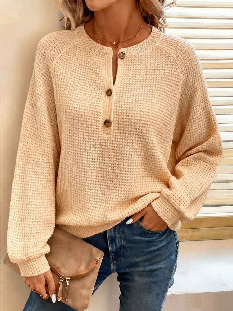 Waffle Knit Henley Top | Raglan Long Sleeve Loose Fit