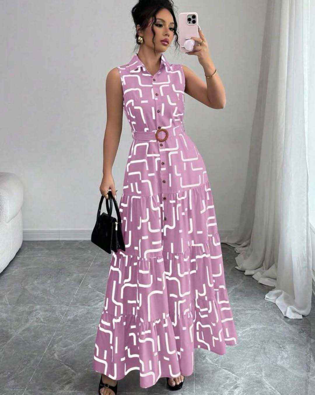 Printed-button Sleeveless Lace-up Shirt-collar Dress